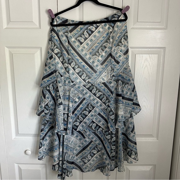 Karl Lagerfeld Paisley Layered Ruffle Midi Skirt Womens 12 Boho Flowy High Low - Picture 2 of 9